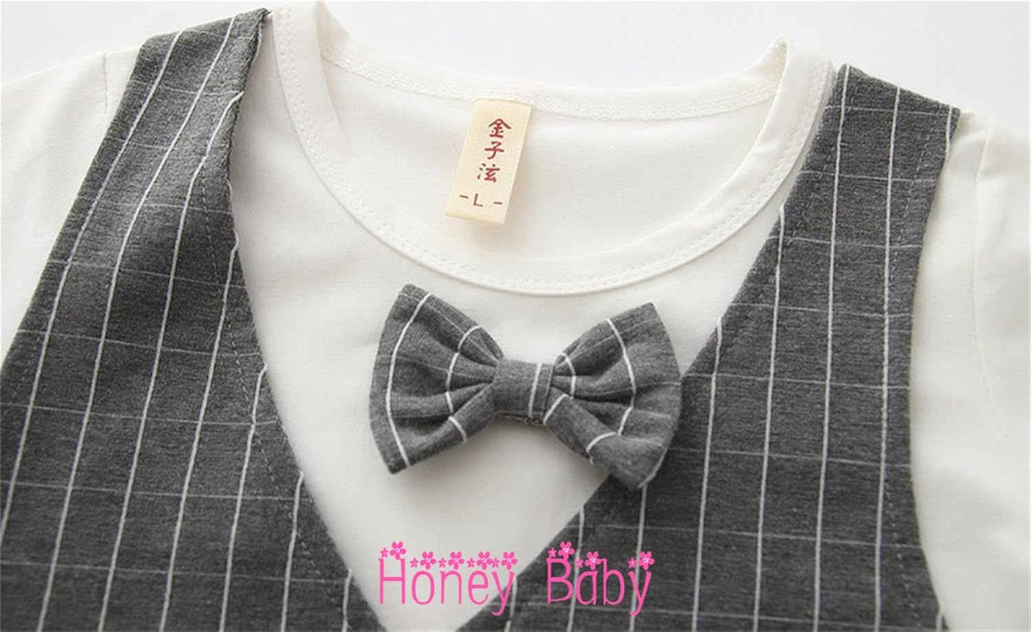 Amazon Co Jp Honey Baby 子供服 ベビー服 スーツ チェック柄 蝶ネクタイtシャツ 上下2点セット 半袖 ベビー服 フォーマル 洋服 紳士風 男の子学式 入園式 卒園式 結婚式 お正月 誕生日 お宮参り 七五三 記念日 出産祝い 80cm グレー 服 ファッション小物