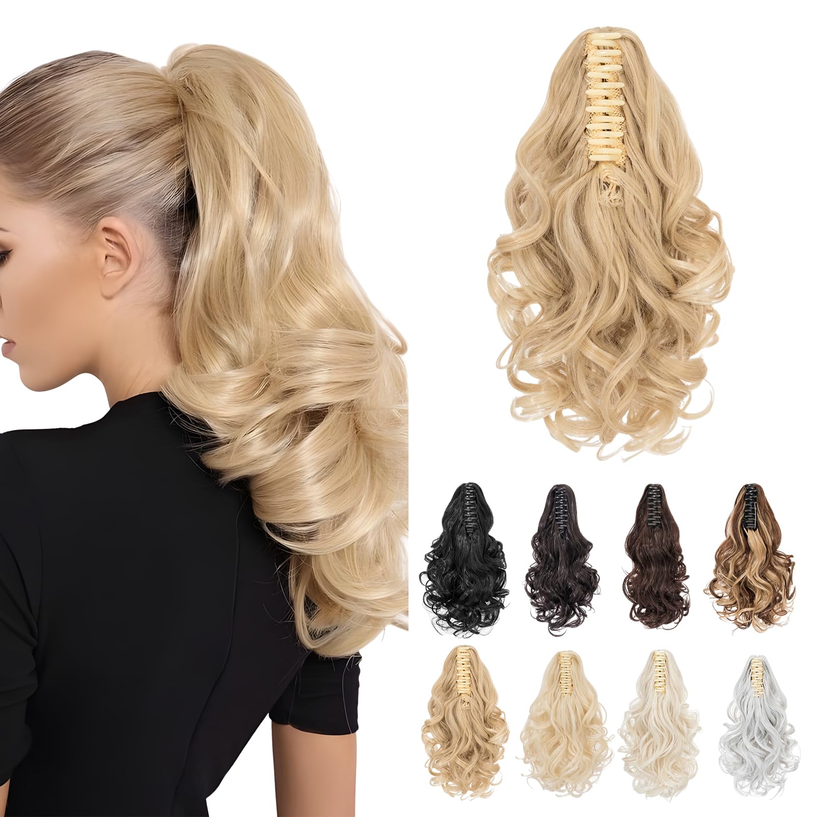 Ponytail Extension, MY-LADY Claw Clip in Ponytail Hair Extensions 14 Inch Short Curly Ponytail Natural Wavy Synthetic Hairpiece for Women,Ash Blonde mix Bleach Blonde — image 1