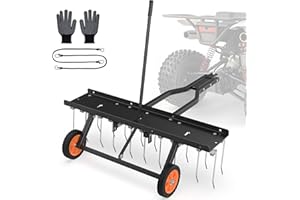 Seeutek 40 Inch Tow Behind Dethatcher, Pull Behind Lawn Dethatcher with 20 Spring Steel Tines Lawn Dethatcher Rake for ATV or Mower w/2 Cement Brick Straps and Gloves, for Garden Farm Grass