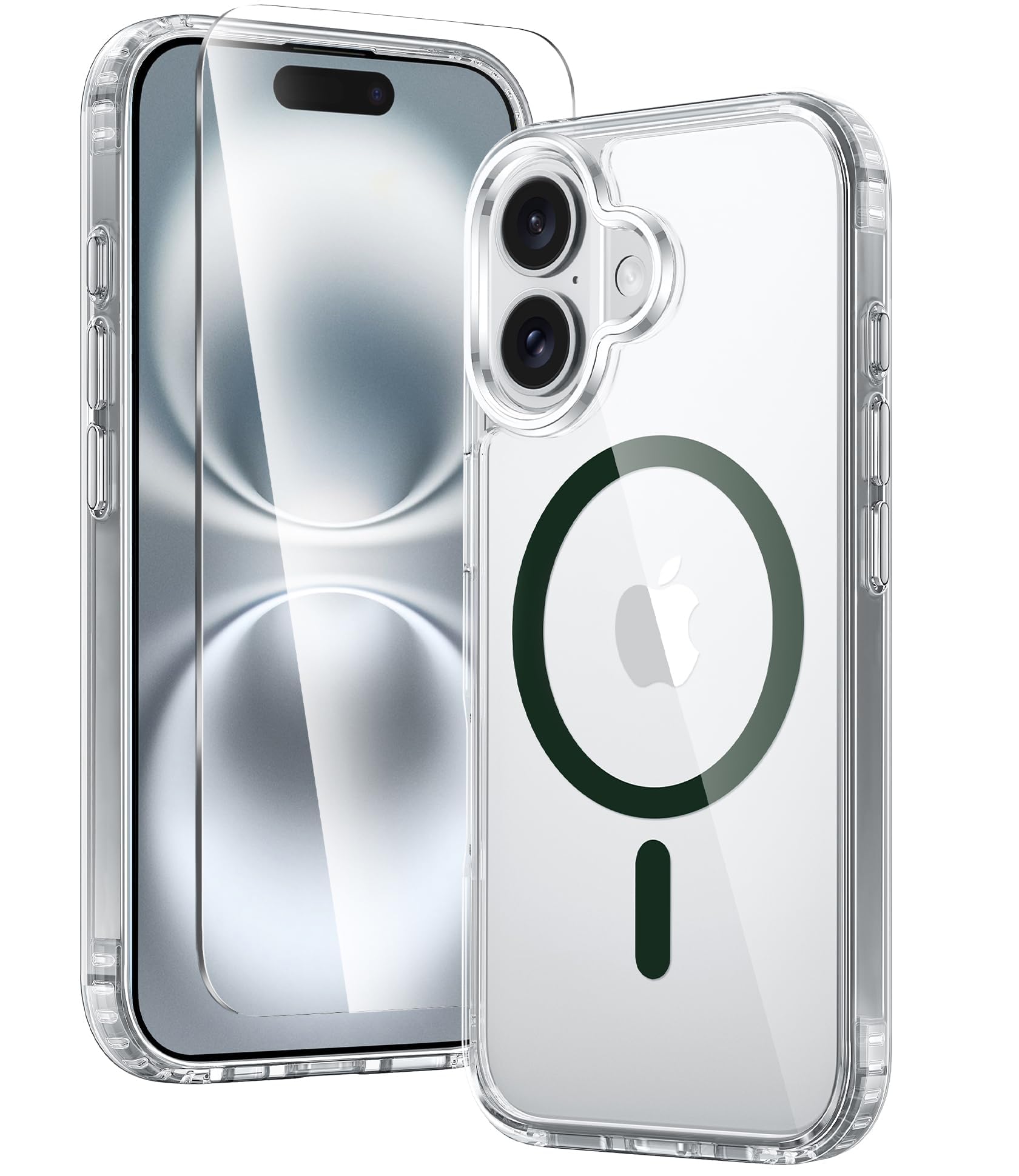 Photo 1 of FNTCASE for iPhone 16 Case: Clear Magnetic Military Grade Drop Protection Anti Yellowing Slim Case - Rugged Shockproof Protective Transparent Cell Phone Cover(Green)