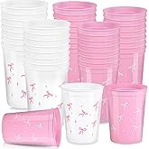 24Pcs Pink Bow Coquette Plastic Cups Pink Bow Themed Birthday Party Decorations 12 Oz Reusable Pink Bow Party Disposable Cups for Girl Bachelorette Wedding Bridal Baby Shower Party Favor Supplies