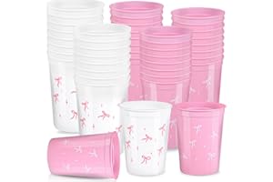 YIAOYINNZ 24Pcs Pink Bow Coquette Plastic Cups Pink Bow Themed Birthday Party Decorations 12 Oz Reusable Pink Bow Party Disposable Cups for Girl Bachelorette Wedding Bridal Baby Shower Party Favor Supplies