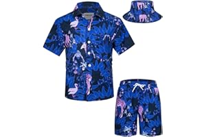 TUNEVUSE Little & Big Boys Hawaiian Button Down Shirts and Short Sets with Bucket Hat Summer Outfits Printed Kids Cabana Set
