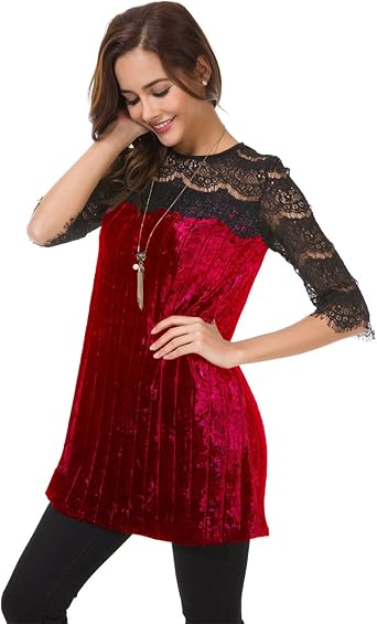 Siteluoyi Womens Long 1 2 Sleeve Gold Velvet Shirts Pullover Top Crew Neck Cotton Lace Blouse Red At Amazon Women S Clothing Store