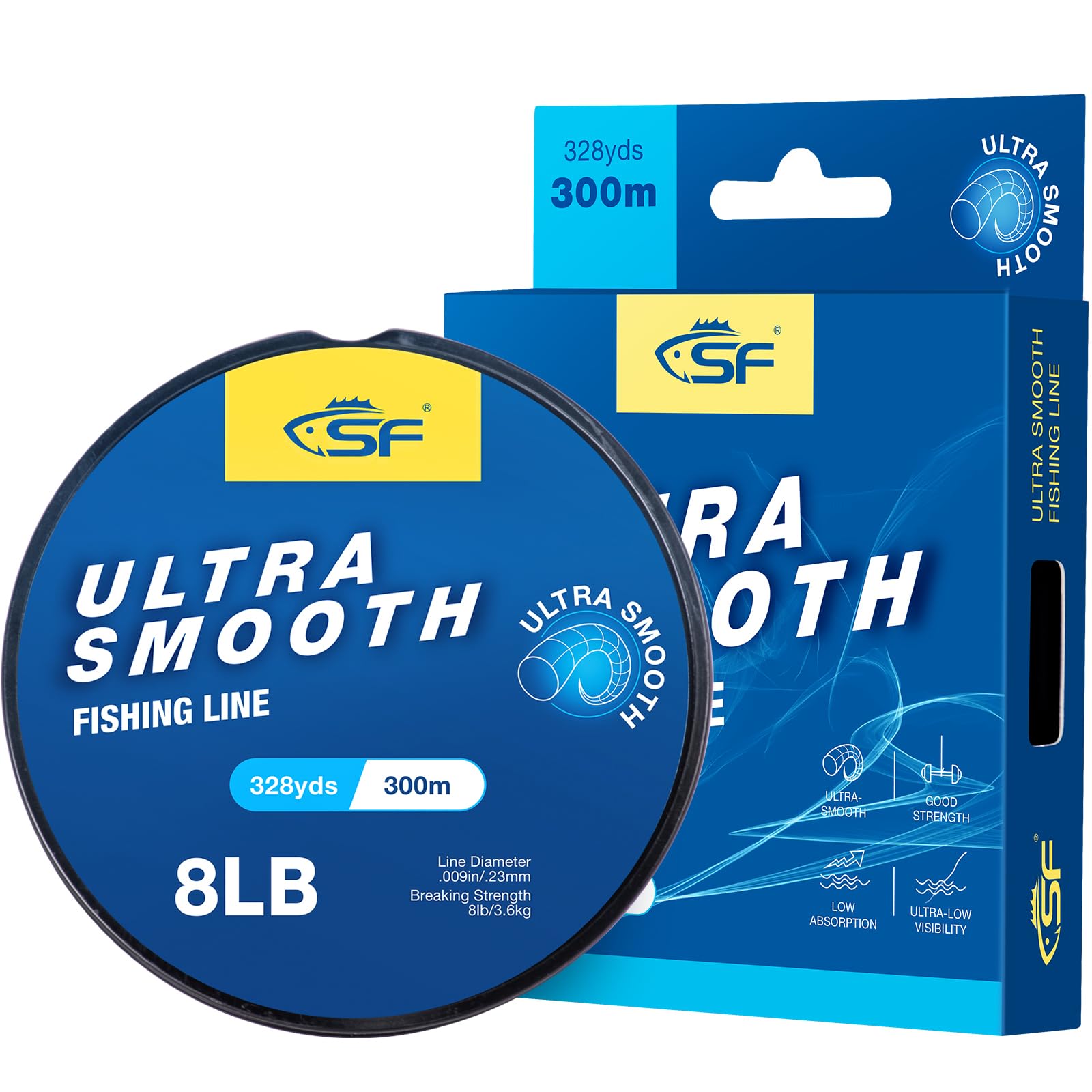 SF Ultra Smooth Monofilament Fishing Line with Spool Mono Clear Nylon Line 8LB/3.6KG 330YDS 0.23MM
