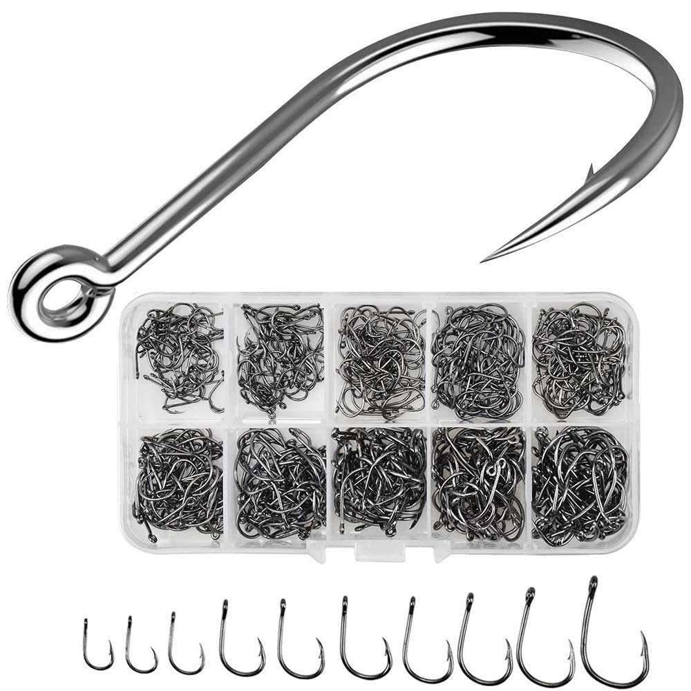 LWZko 500 Pieces Carbon Steel Circle Hooks, Silver, Size #3-12, 10 Sizes, Durable, Saltwater & Freshwater Fishing Hooks