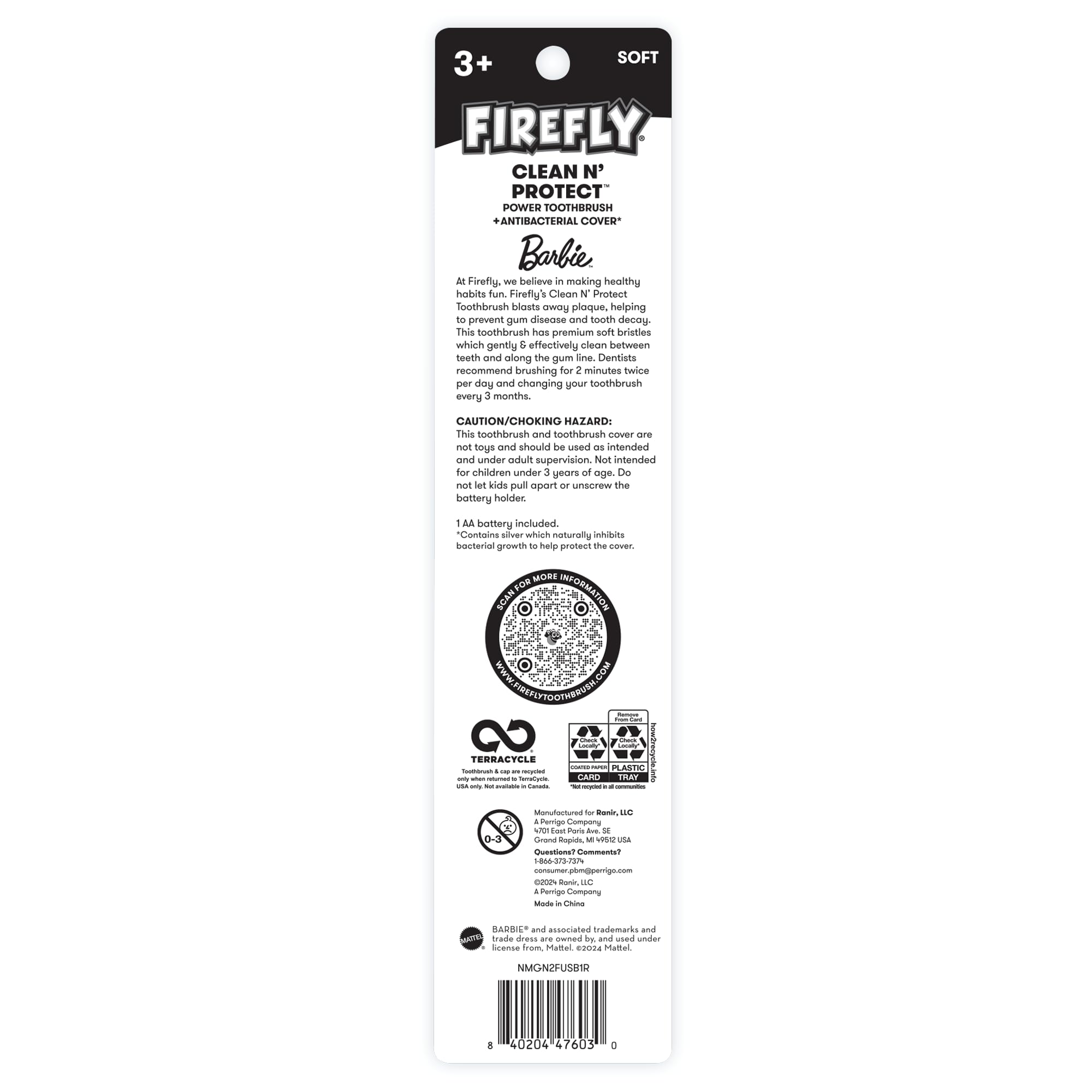 Firefly Clean N' Protect Barbie Toothbrush with Antibacterial Cover, Soft Bristles, Battery Included, Ages 3+, 1 Count