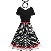 50s Style Dresses for Women Vintage Short Sleeve 1950s Polka Dot 50s Dresses for Women Retro Audrey Hepburn Church Dress Tea Party Crew Neck Swing Dress with Tie Bow Black Polka Dots L