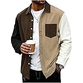 SHENHE Men's Corduroy Button Down Shirt Jacket Color Block Long Sleeve Shacket with Pocket
