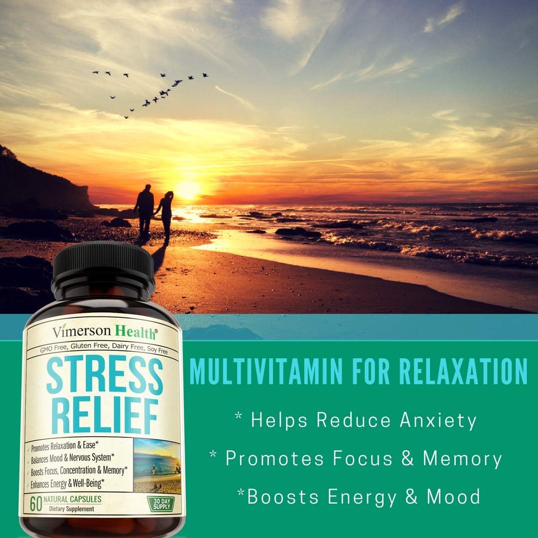 Stress Relief Mood Enhancer Supplement. Relief from Occasional Stress, with Biotin, 5-HTP, Valerian, Lutein, Vitamin B1 B2 B5 B6, L-Theanine, St. John's Wort, Ashwagandha, Chamomile. Niacin, GABA.: Health & Personal Care