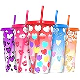 OZMOJOO Color Changing Cups, 24 oz Plastic Reusable Tumblers with Lids and Straws for Party and Travel | for Iced Coffee Tea and Smoothie - 5 Pack, Heart Style,Valentine's Day Gift, BPA-free