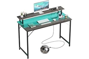 iSunirm 47 inch Computer Desk with Power Outlets, Gaming Desk with LED Lights, Home Office Work Desk with Monitor Shelf, Modern Office Desk Study Writing Table for Small Spaces, Black Oak