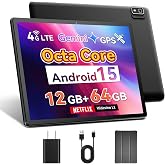 Topsand 10 Inch Android 15 Tablet with SIM Card Slot Uncloked,4G Cellular Tablet Phone, Octa-Core, 12GB+64GB, 2TB Expandable, Dual Cameras, 2.4G/5G WiFi, BT5.0, GPS (Case Included)