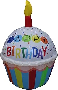 4 Foot Tall Cute Happy Birthday Inflatable Cupcake with Candle Lights Blowup Party Decoration for Outdoor Indoor Home Celebration Garden Yard Lawn Prop
