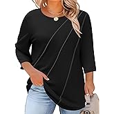 LOMON Womens Plus Size Tops 3/4 Length Sleeve Womens Tops Pleated Crewneck Fall Shirts Summer Blouses 2026 (1X-5X)