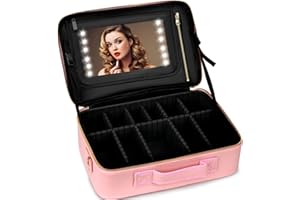 KuMers Huge Capacity Travel Makeup Bag with Lighted Mirror, Upgrade Large Makeup Case Cosmetic Train Case Professional Waterproof Cosmetic Artist Organizer with Adjustable Dividers (Pink)