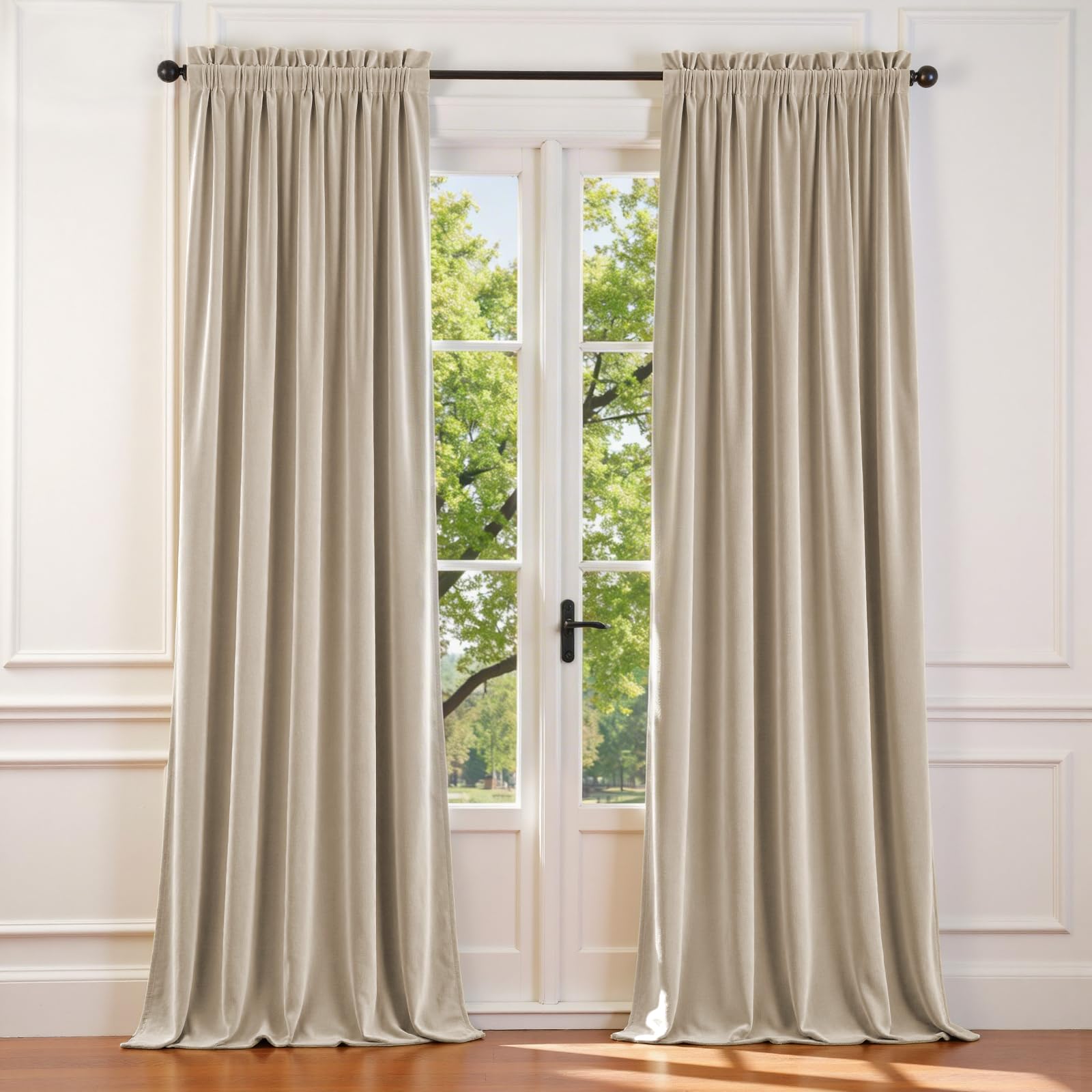 Lazzzy Velvet Blackout Curtains Thermal Insulated Room Window Drapes Super Soft Luxury Curtains for Living Room Bedroom Rod Pocket 2 Panels, Beige, 52" W x 96" L Image