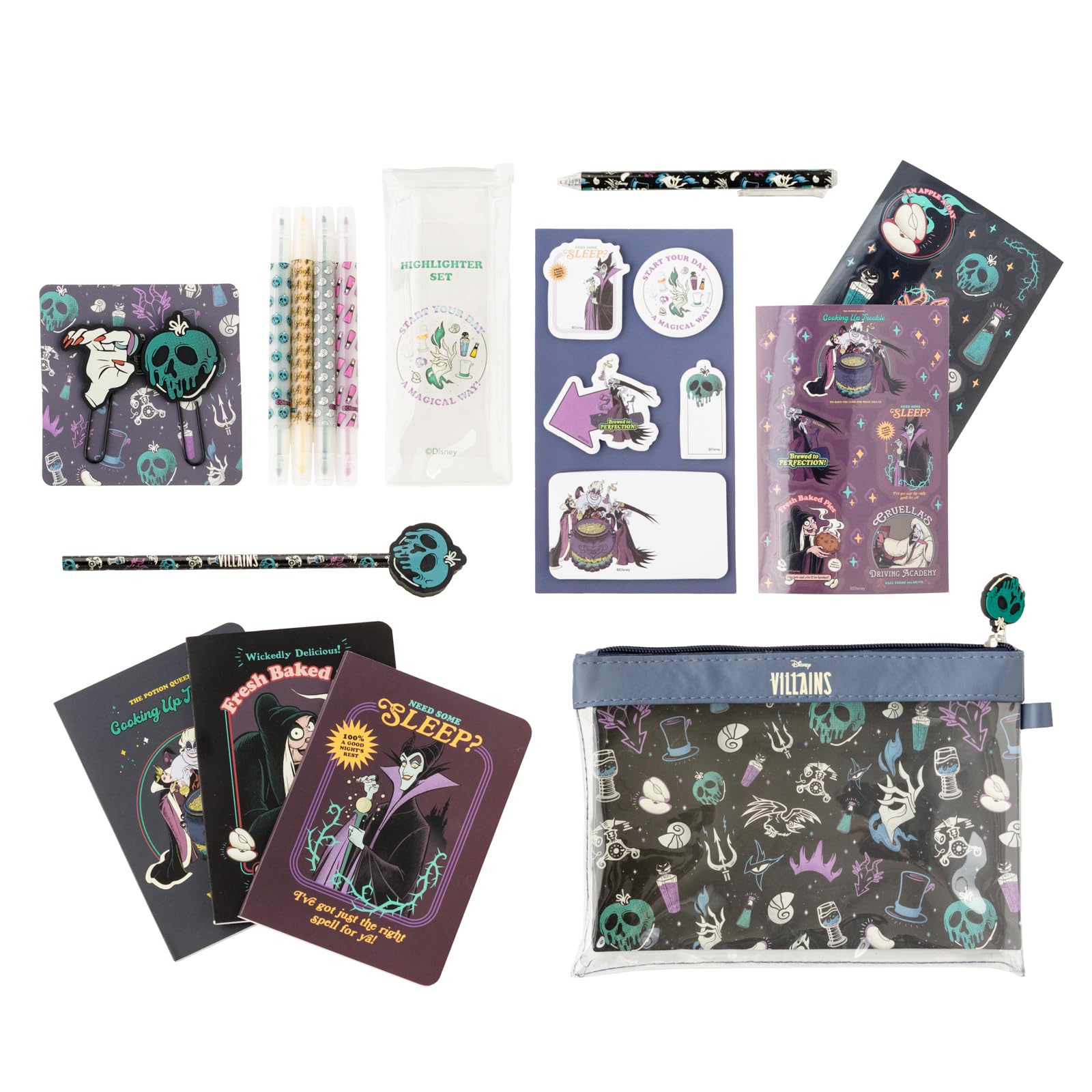 Grupo Erik Disney Stationery Set - Villains | Pencil Case With A6 Notebooks, Highlighters, Sticky Notes, Paper Clips, Stickers, Pen, Pencil | Disney Gifts
