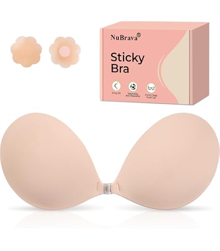 NuBrava Sticky Bra Push up, Invisible Strapless Adhesive Bra, (A Cup) Creme