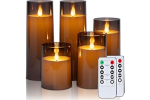 Raycare Grey Flameless Candles with Remote and Timer, 5 Pcs Battery Operated Acrylic Flickering LED Pillar Candles for Romantic Ambiance and Home Decoration