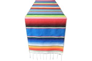 TOAROA 14x108 inch Mexican Serape Table Runner for Mexican Theme Party, Cinco de Mayo Fiesta Party, Day of Death Decorations, Falsa Classic Striped Fringe Pattern Cotton Blanket, Blue