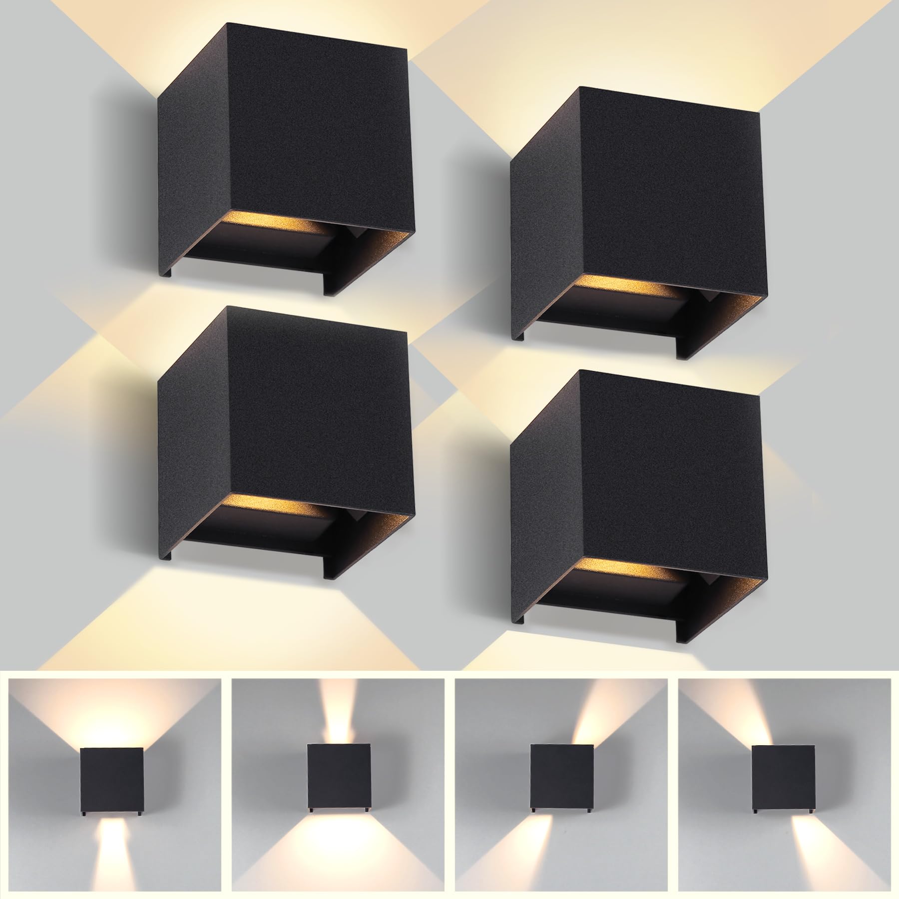 CHENBEN Outdoor Wall Lights 12W Waterproof IP65 Aluminum Black Indoor Wall Lamp LED Outside Wall Lights Adjustable Beam 3000K Warm White for Garden Bedroom Living Room Aisle (4 Pack)