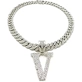 BLINGFACTORY Hip Hop White Gold PT V Pendant & 18" Box Lock Iced Miami Cuban Choker Chain Necklace