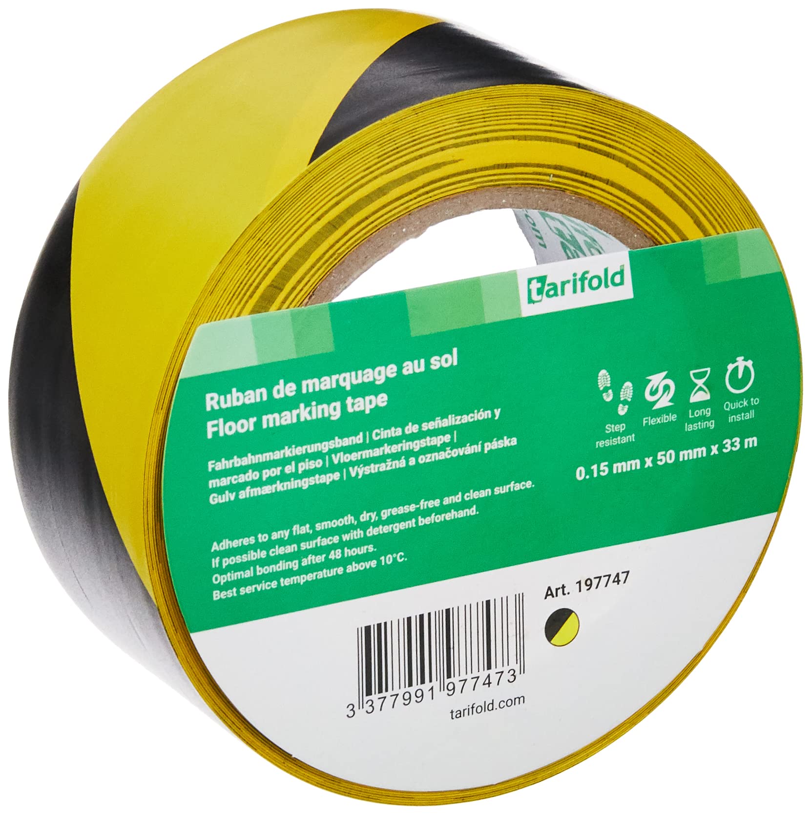 Tarifold 1 Adhesive Tape Floor, Signage, Security, Yellow and Black- Roll 50 mm x 33 m, 50 mm x 33 m