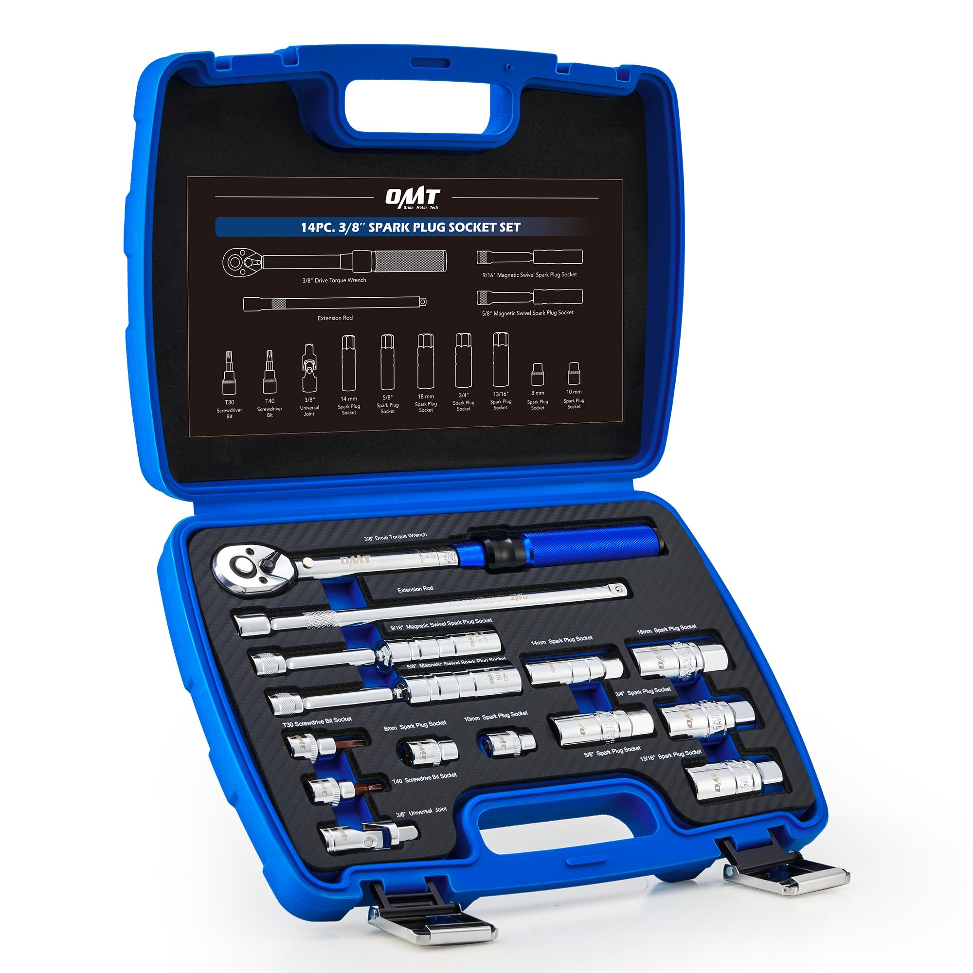Photo 1 of Orion Motor Tech 14pc Spark Plug Socket Set, 3/8 Inch Drive Magnetic Swivel Spark Plug Socket Set with Torque Wrench, Torque Bits, Universal Joint and Extension Bar, 5-45 ft.lb Spark Plug Removal Tool