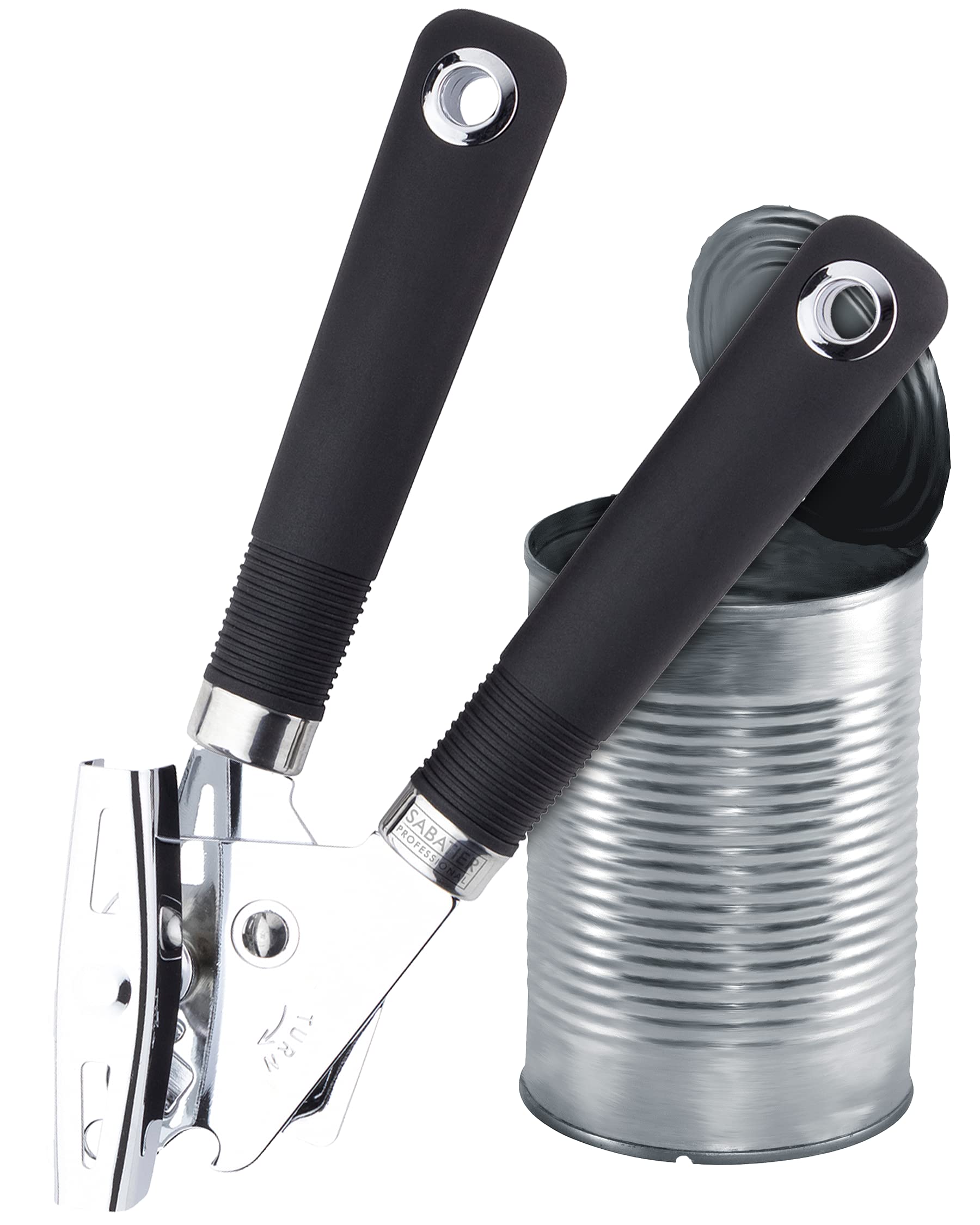 Sabatier Professional Stainless Steel Tin Can Opener - Easy, Comfortable Turning Mechanism. Cuts Inside Rim of Tin. Soft Grip Handles. Dishwasher Safe. 25 Year Guarantee.