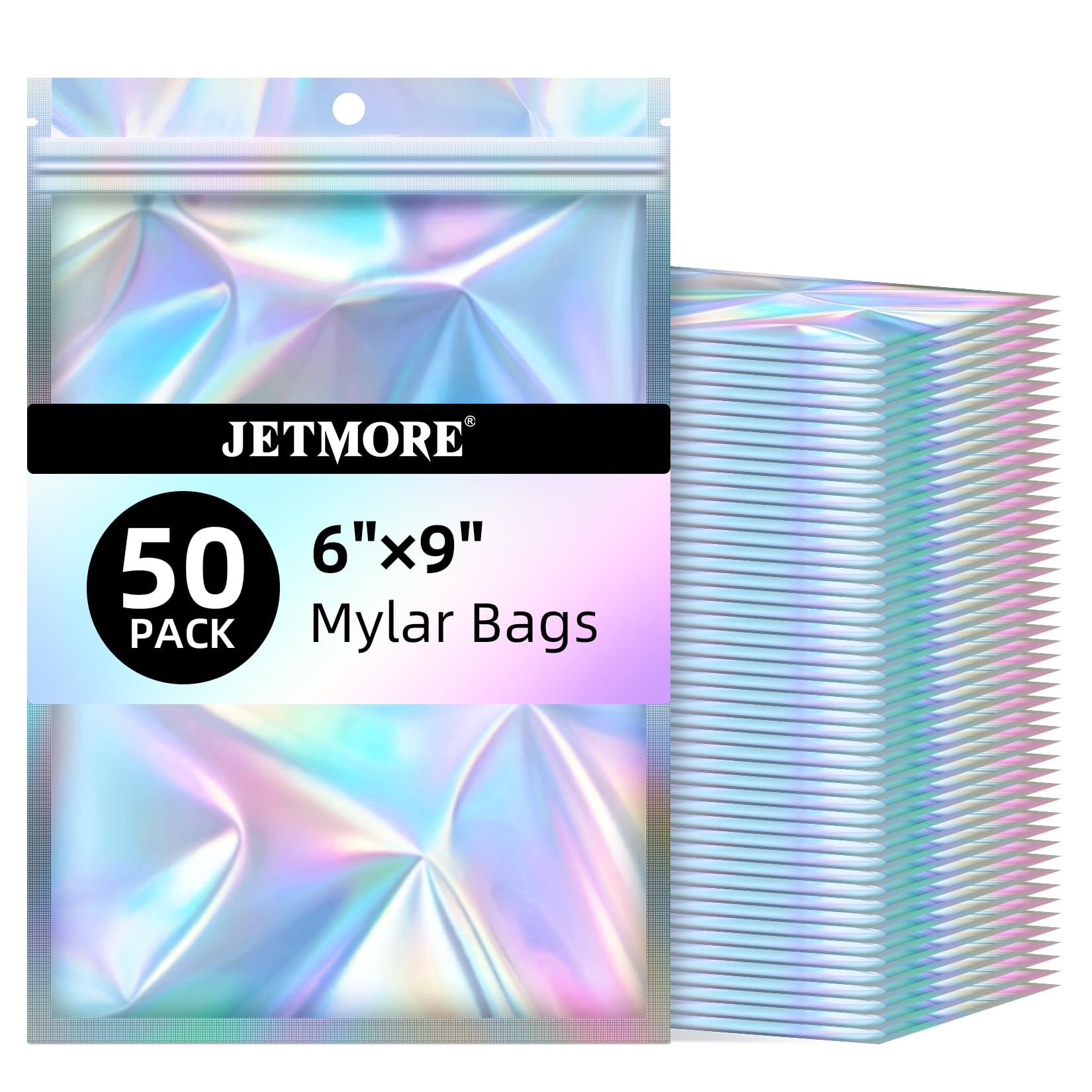 Photo 1 of JETMORE Mylar Bags, 50 PCS Resealable Bags-6x9in, Holographic Bags for Party Favors, Little Bag for Jewelry, Sealable Bag for Papers, Souvenirs, Dispensary Packaging for Edibles, Mothers Day Gifts