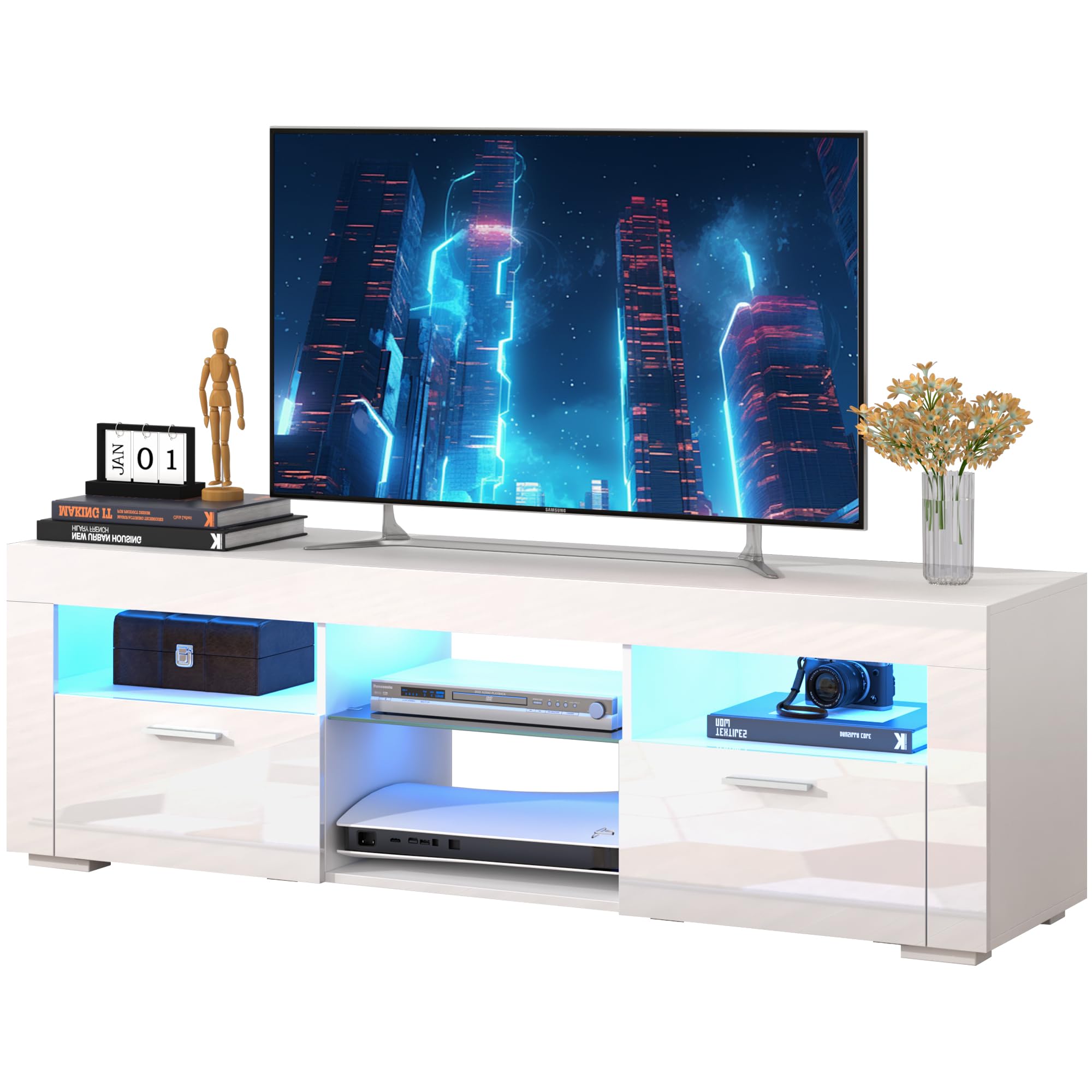 Photo 1 of SANYOAC White TV Stand for 50/55 Inch, Entertainment Center With LED Lights, Modern Stand for Bedroom, Console With Storage and Shelves for Living Room