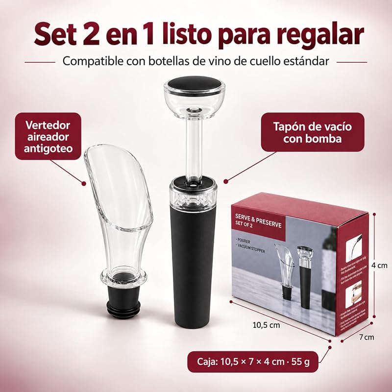 VYNOR | Pack Aireador y Tapón de Vacío Accesorios Vino | Kit regalo — foto 2 de 6
