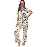 WDIRARA Women's 2 Piece Satin Pajama Set Butterfly Print Sleepwear Short Sleeve Shirt and Pants Set Khaki M