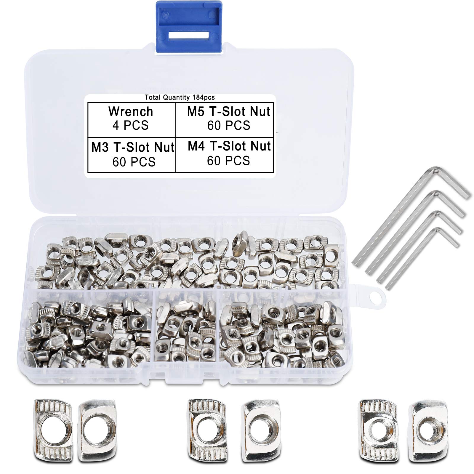QIMEI-SHOP T Nuts Set M3 M4 M5 T Slot Nut Hammer Head Carbon Steel Nickel-Plated Fastener Assortment Kit for 2020 Series Aluminum Profile 180pcs