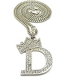 Shiny Jewelers USA Mens Iced Out Tilted Crown Alphabet D, E, F Pendant Cuban Chain Hip Hop Necklace