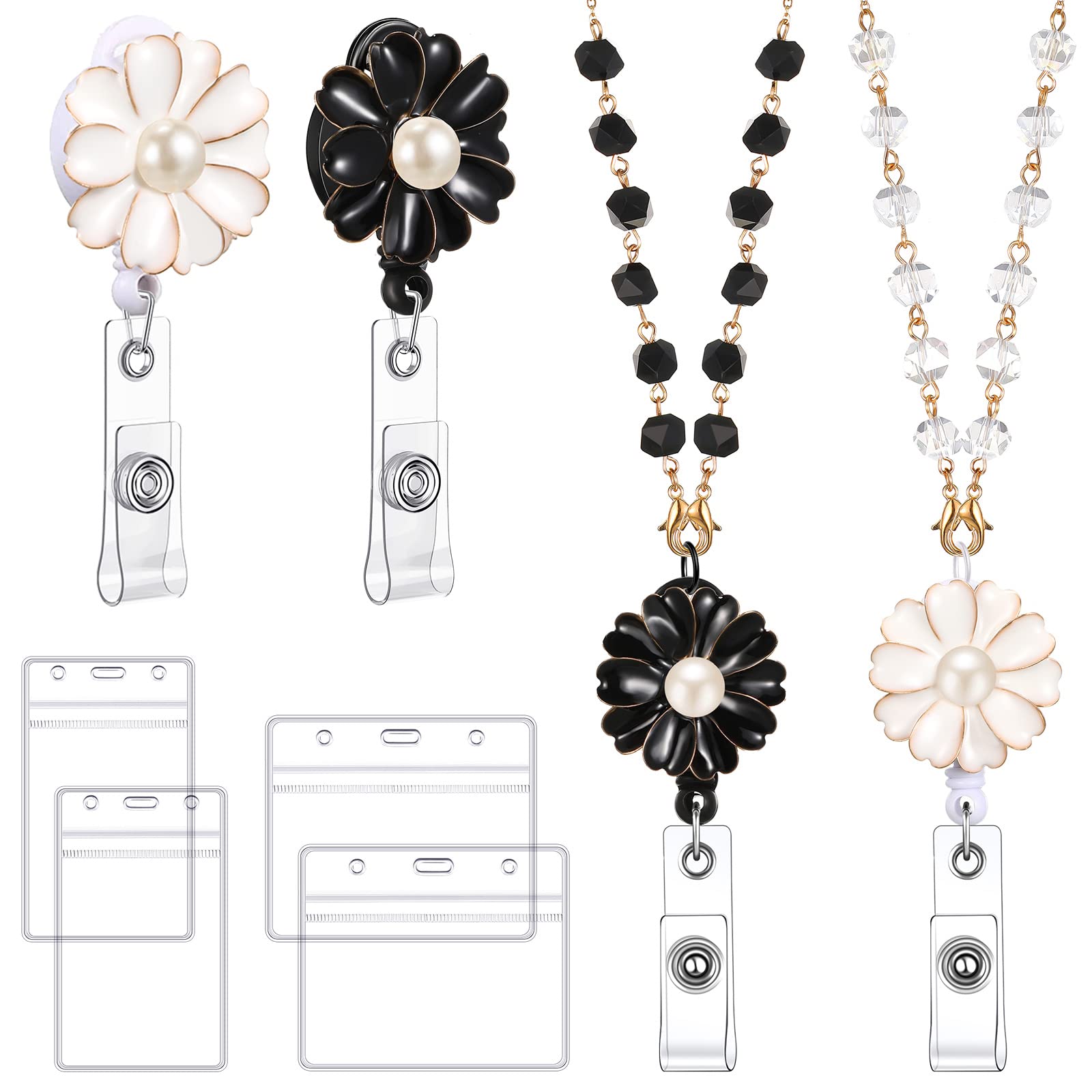 Photo 1 of 2 Set Beaded Badge Lanyard with ID Holders for Christmas Gift Badge Reels Retractable Necklace Lanyards for Nurses and Teacher Pearl Name Holder with Pearl for Girl Women(Flower)