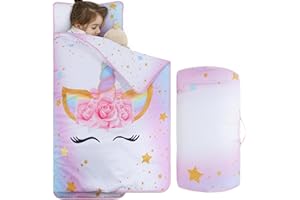 CHEF CURRY Unicorn Nap Mats for Preschool Daycare Toddler Nap Mat for Girls Daughter Kids Nap Mat with Pillow and Blanket - Christmas Birthday Gifts for Kids Granddaughter Kindergarten Travel Napping,50"x20"