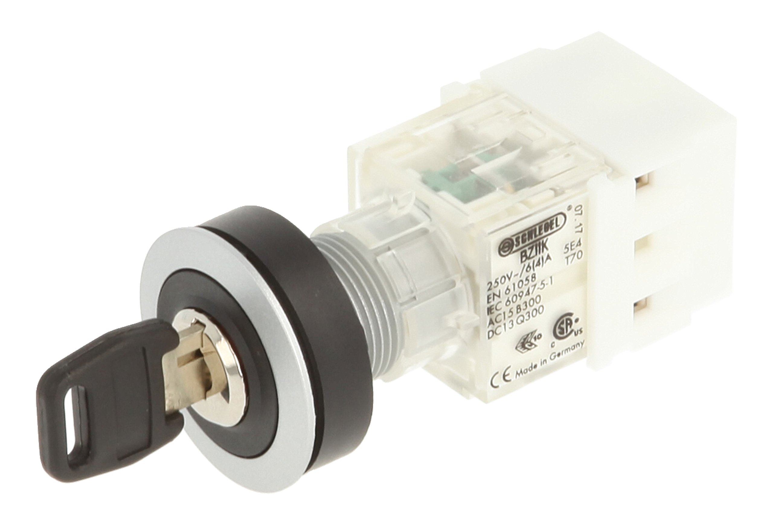 Schlegel 23.001.466 Key Switch Silver-Coloured, Locking, 3 Positions 9-12-15 o'clock, Push Contact Sensor, 2 N/O Contacts, Screw Connection