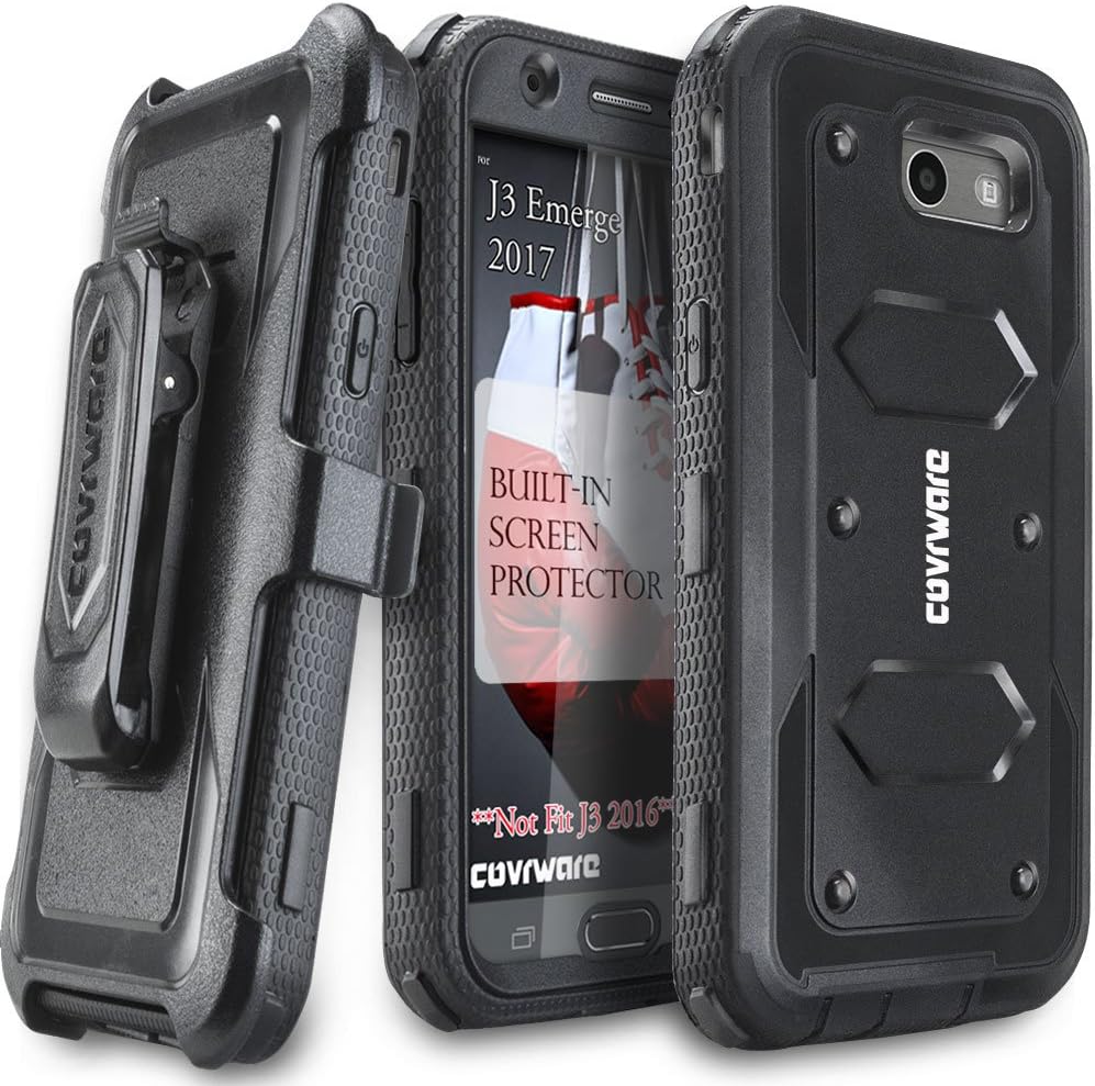COVRWARE Galaxy J3 2017/J3 Prime/J3 Emerge/J3 Eclipse/Express Prime 2/Luna Pro/Amp Prime 2/Sol 2 Case, [Aegis] Built-in [Screen Protector] Heavy Duty Rugged Holster [Belt Clip][Kickstand] Black