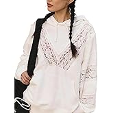 TIQOJE Women’s Pullover Hoodie Lace eyelet Sweatshirt Long Sleeve Ruffle Trim Hoodie with Kangaroo Pocket (White-XL)