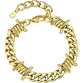 Bestyle Barbed Wire Bracelets 7/9mm Thick Heavy Men Hand Chain Unisex Stainless Steel/Gold/Black Cuban Chain Bracelet Punk Gothic Bracelets for Men Women