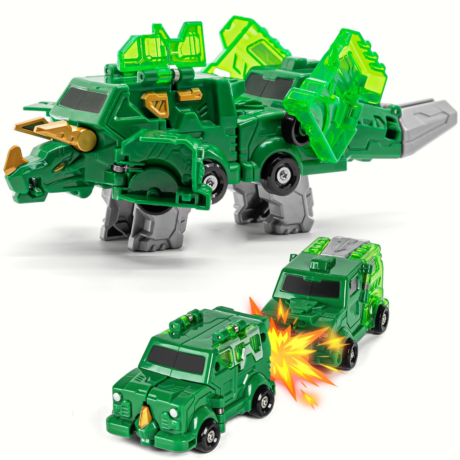 YTKIH Magnetic Transformer Car Toys, 2 in 1 Crash Transform into Dinosaur Car Toys, Collision Transforming Car Birthday Easter Party Gifts for 3 4 5 6 7 8 Years Old Kids Boys Girls, Green