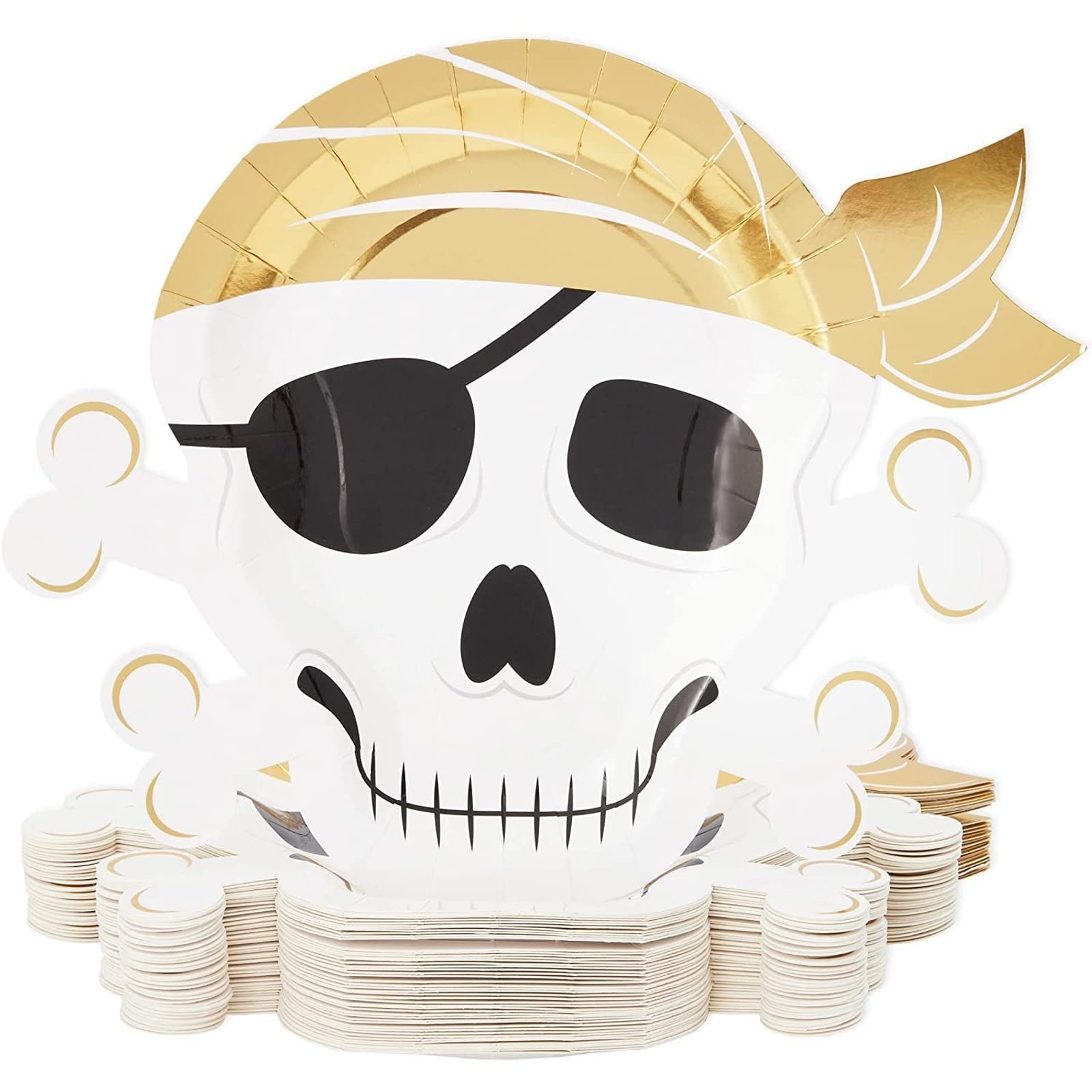 Photo 1 of BLUE PANDA 48 Pack Gold Foil Pirate Plates for Pirate Birthday Party Supplies, Tableware (Skull Design, 13 x 10 In)