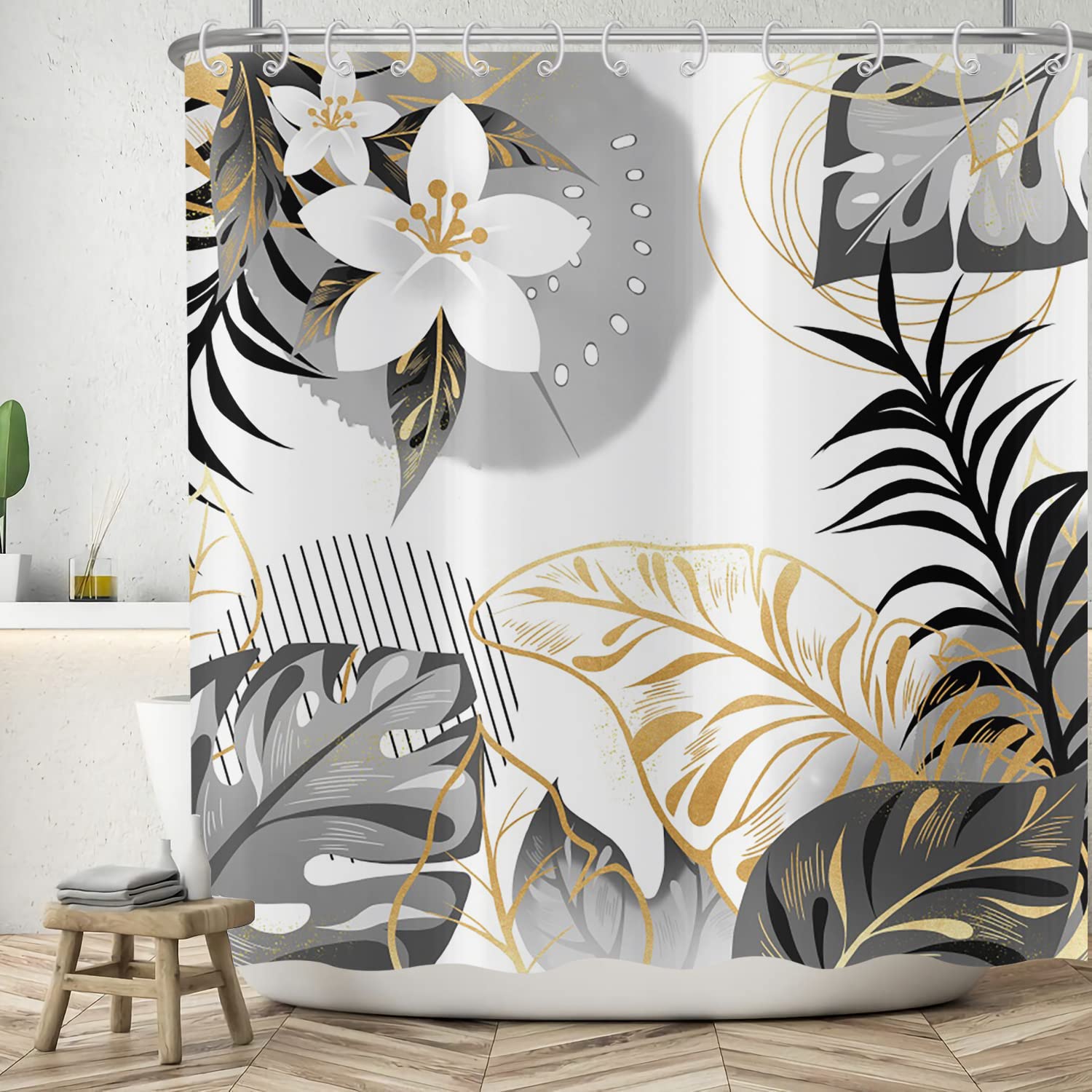 ASDCXZ Shower Curtain Black Gold Leaves 180x180 cm, Abstract White Flowers Tropical Leaves Washable Bath Shower Curtains Waterproof Polyester Textile Shower Curtain for Bathtub with 12 Hooks — image 1