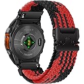 Nylon Braided Watch Band for Garmin Tactix 8 51mm/Fenix 8 51 mm/Fenix 7X Pro Solar/7X Pro/7X Solar/7X/6X/Enduro 3/Descent Mk3i, Secure Parachute-Style Buckle Strap for Garmin QuickFit 26 mm, Black&Red