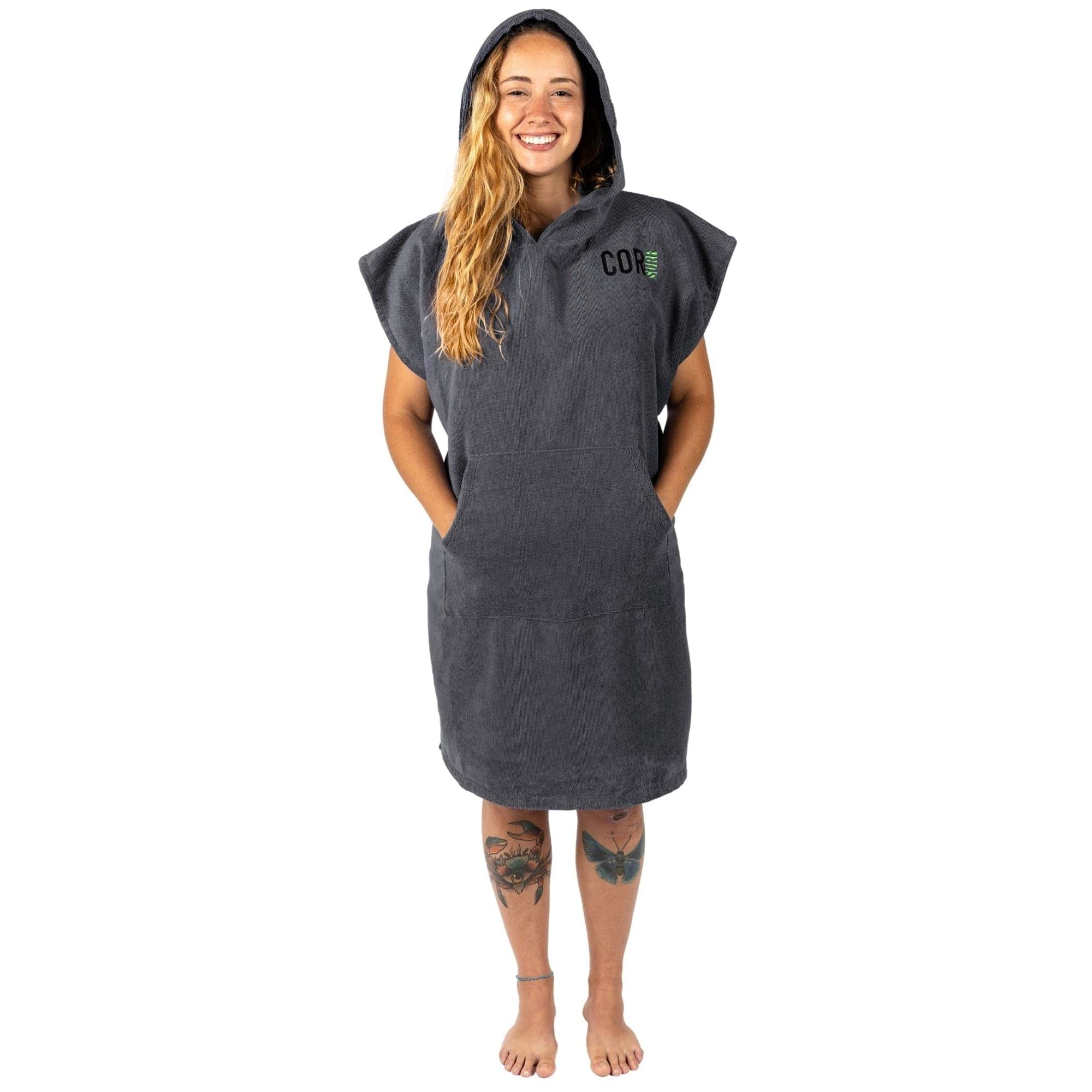 COR Surf Changing Towel Poncho for Adults - Soft and Quick Dry Microfibre Swimming Robe, Hooded Towel with Pockets, Lightweight and Fade-Resistant, Grey, L