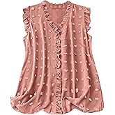 SOLY HUX Women's Plus Size Blouse Swiss Dots V Neck Ruffle Sleeveless Vacation Casual Summer Tops