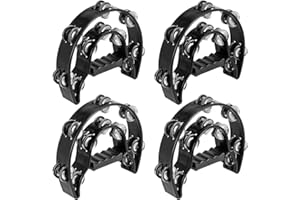 SINJEUN 4 Pack 9 Inch Black Double Row Tambourine, Half Moon Musical Tambourine, Metal Jingles Hand Held Percussion with Ergonomic Handle for Adults, Beginner, KTV, Party
