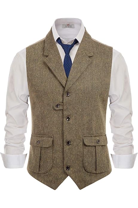 Gilet Homme En Laine Et Tweed - 3 Poches Vraies - Style Vintage Pour Mariage, Cérémonie Ou Daily